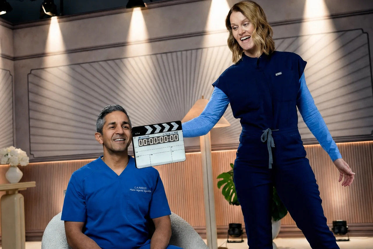 Dr. Natasha Burgert holding a slate over Dr. Alok Patel between takes, studio lights overhead